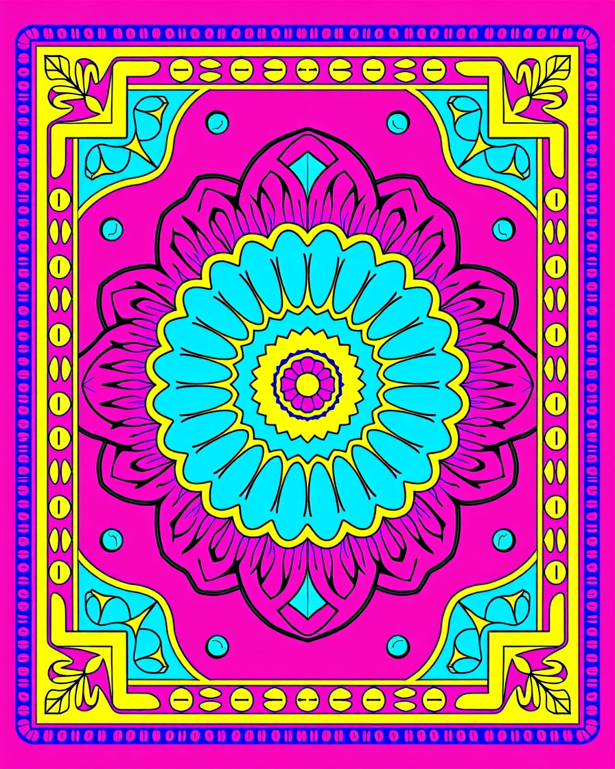 Vibrant Pink Cyan Medallion Area Rug