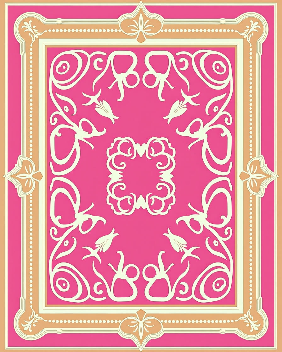 Hot Pink Ivory Floral Frame Rug