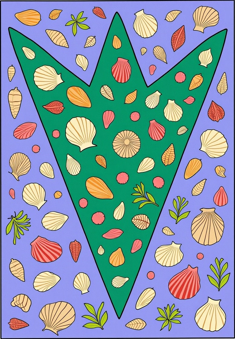 Coral Red Shells Green V Shape Rug