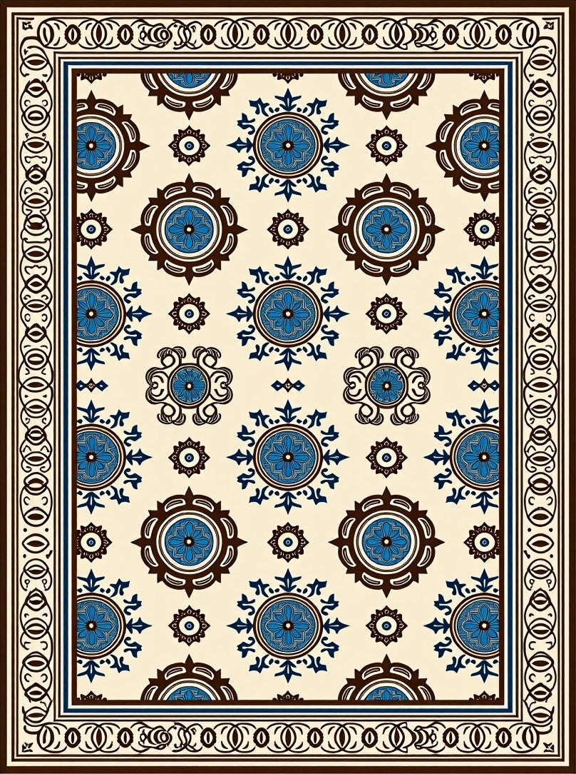Cream Blue Brown Medallion Motif Rug