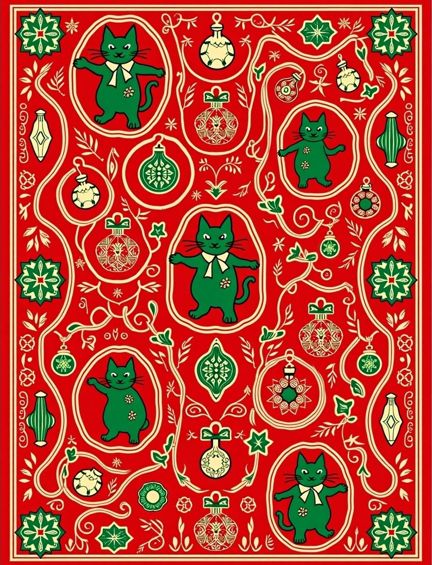 Whimsical Red Green Cat Ornament Medallion Rug