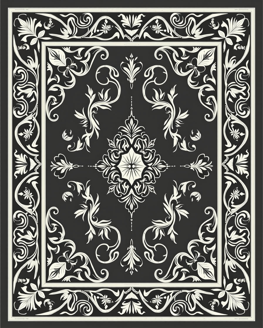 Antique Black White Floral Scroll Rug