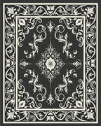 Antique Black White Floral Scroll Rug
