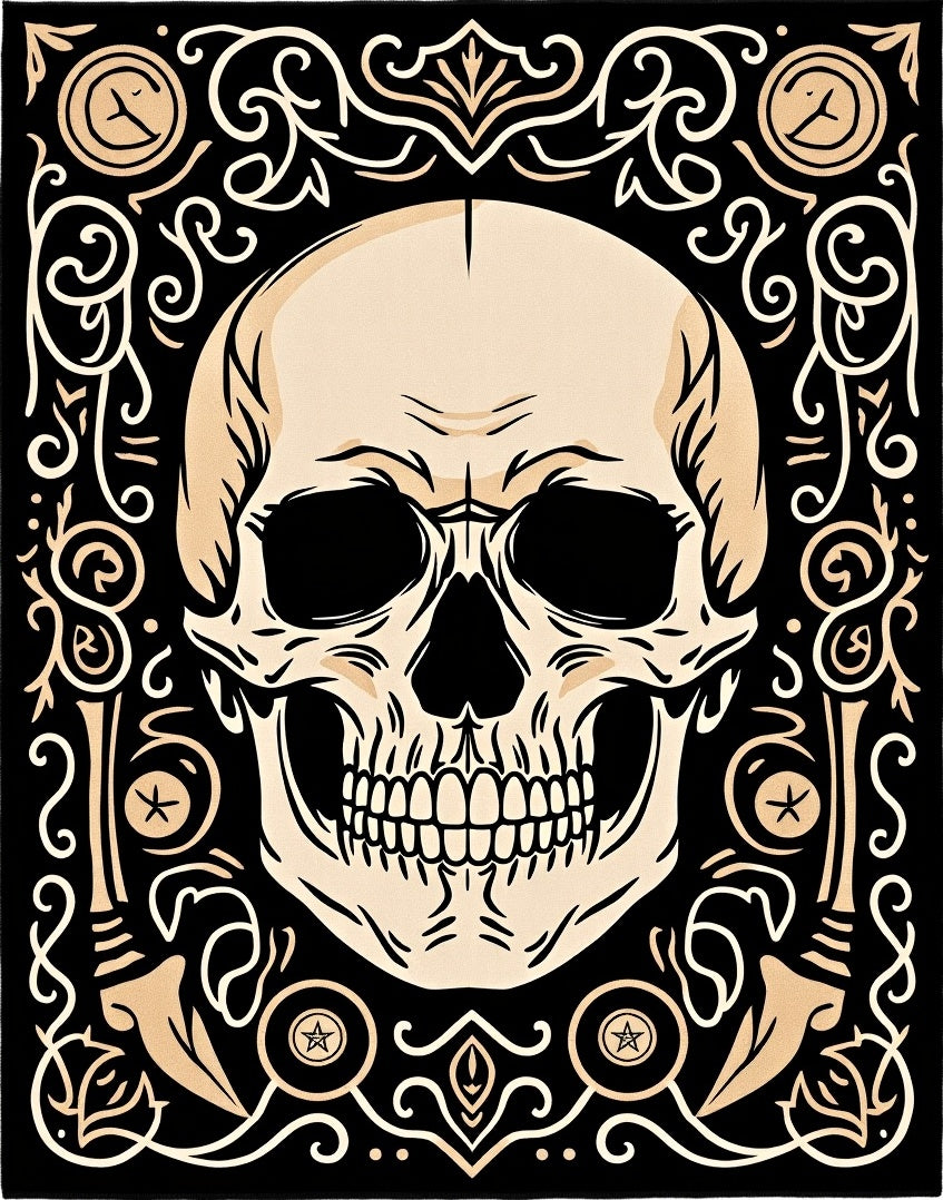 Cream Skull with Black Ornate Border Rug