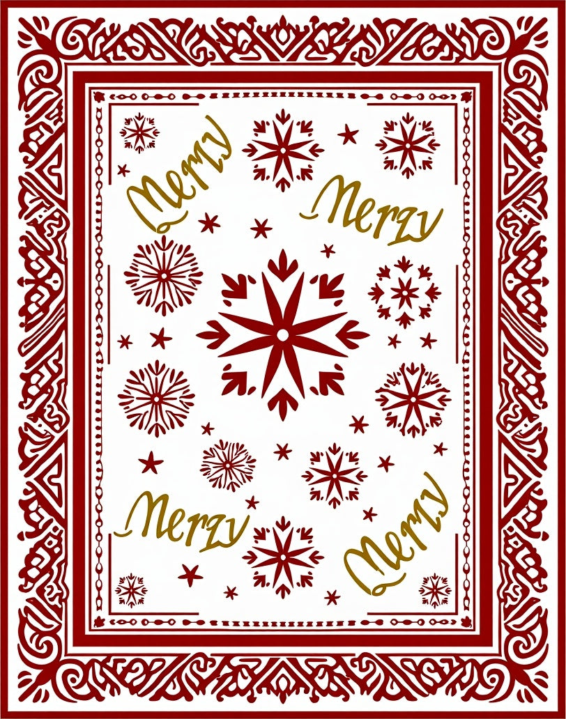 Red Gold Merry Snowflake Frame Rug