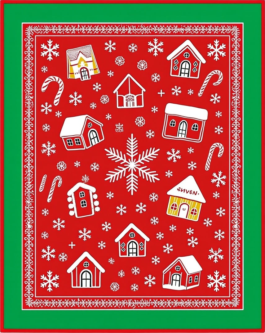 Red Gingerbread Houses Snowflake Winter Rug