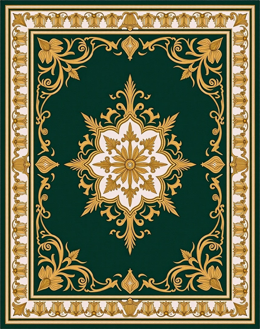 Emerald Gold Floral Medallion Border Rug