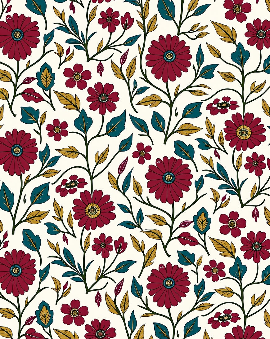 Deep Red Floral Vine Botanical Rug