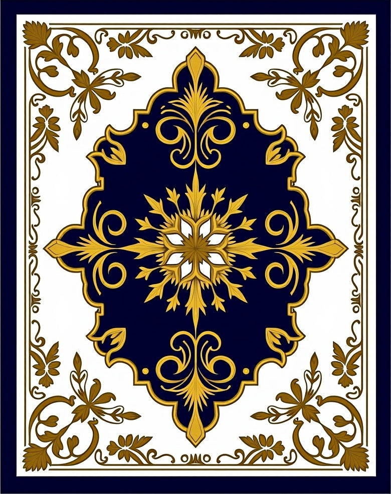 Ornate Navy Gold Floral Medallion Rug