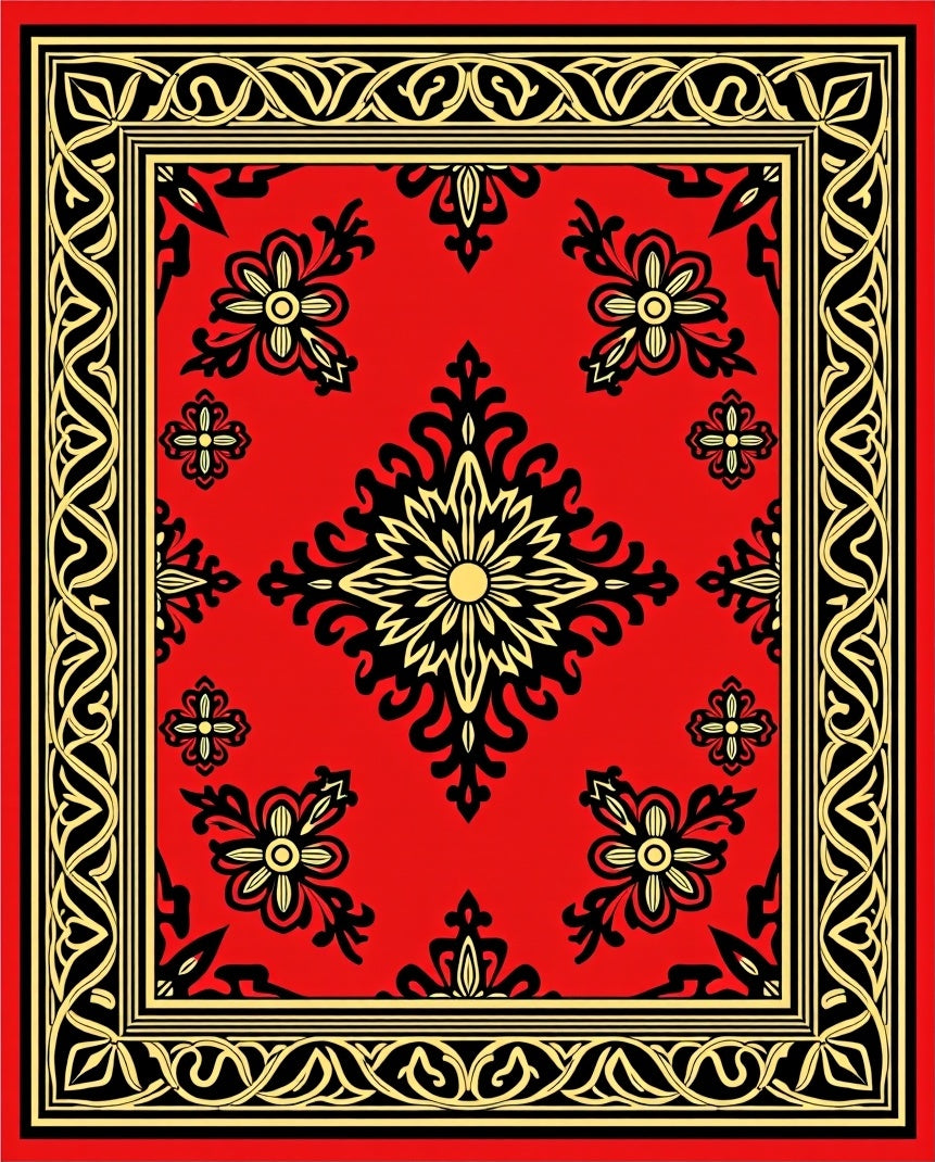 Vibrant Red Floral Medallion Border Rug