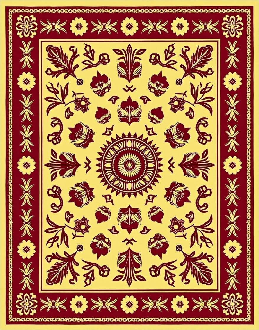 Classic Red Floral Medallion Yellow Rug