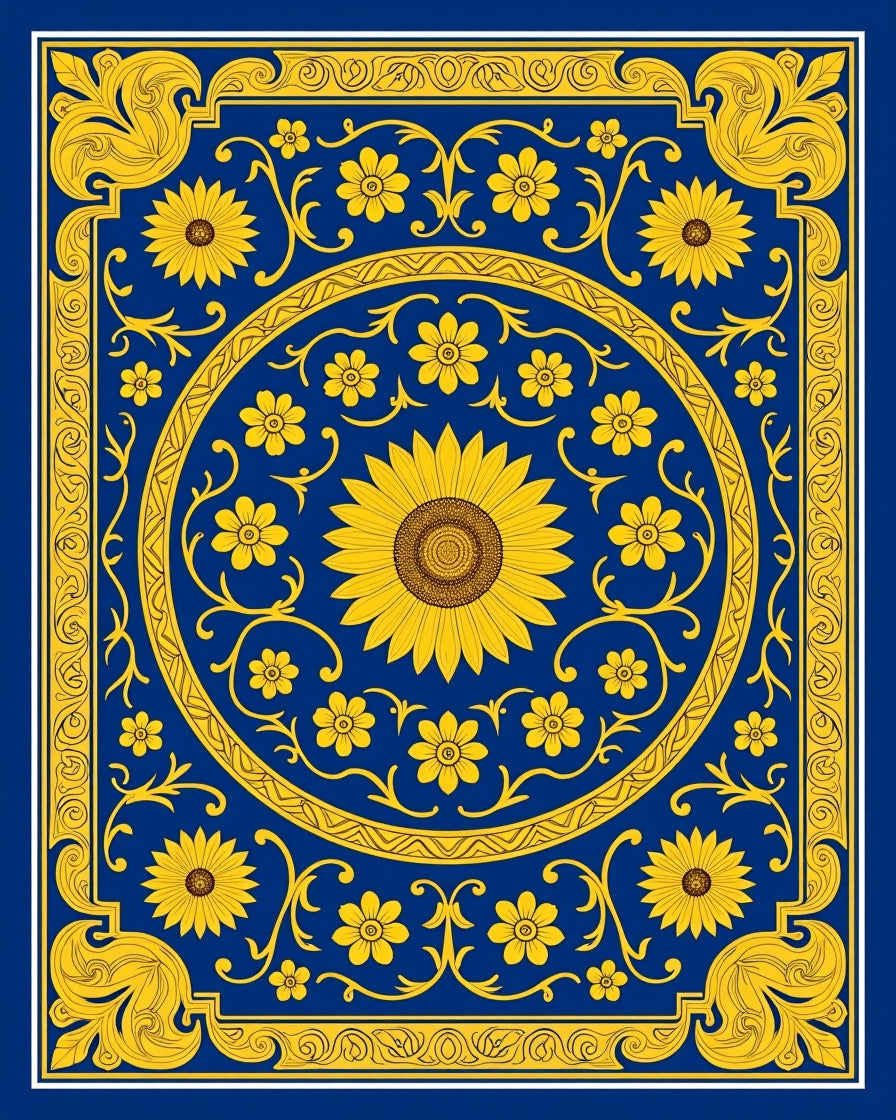 Golden Sunflower Medallion Blue Rug
