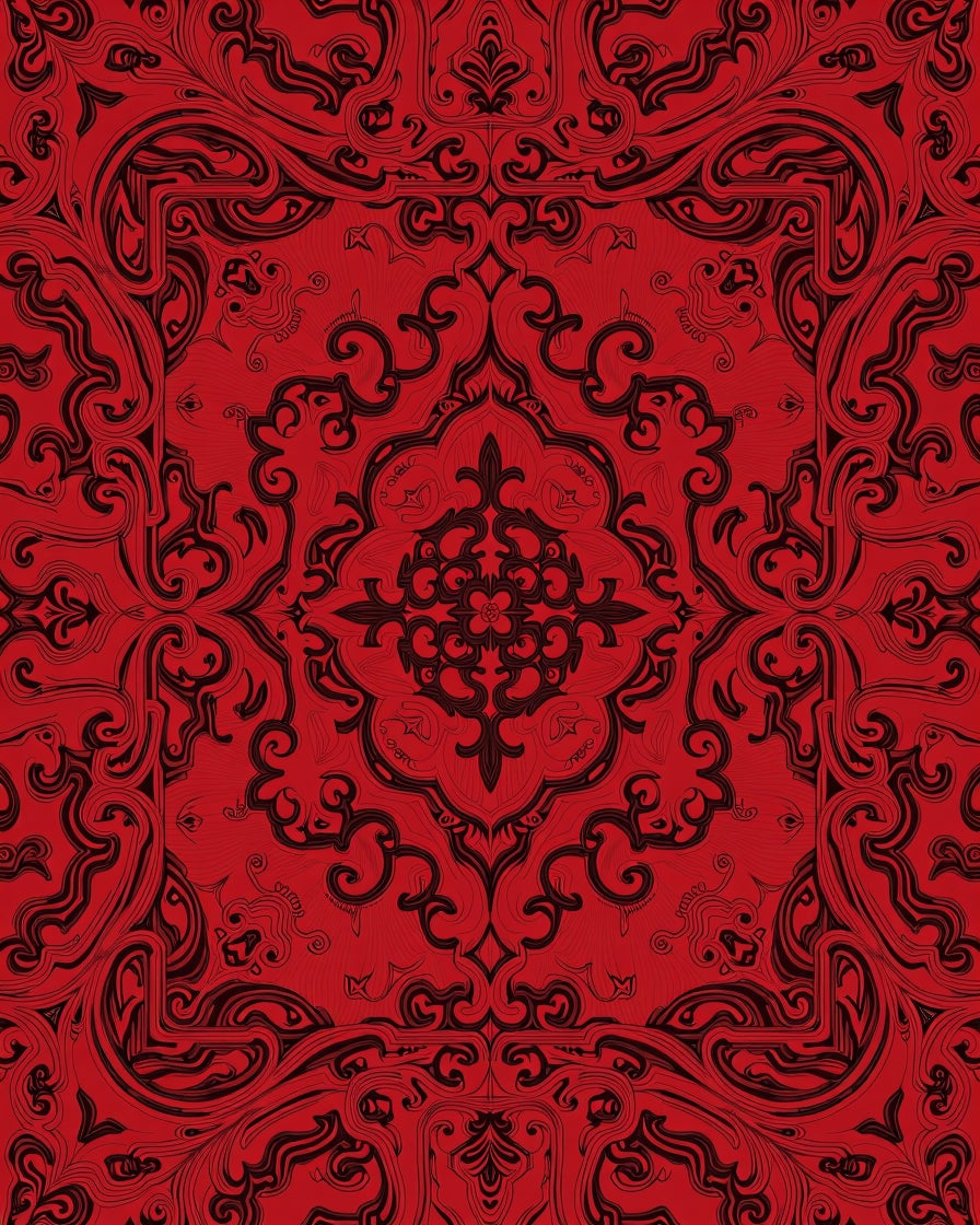 Crimson Black Ornate Scrollwork Mandala Rug