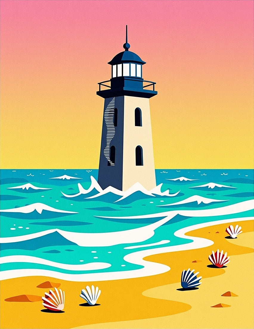 Coastal Lighthouse Beach Sunset Seashells Rug