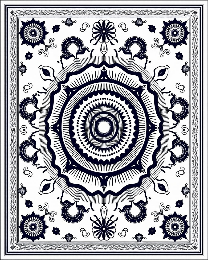 Dark Navy Ornamental Medallion Sunburst Rug
