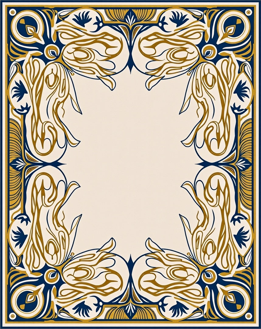 Navy Gold Art Nouveau Border Rug