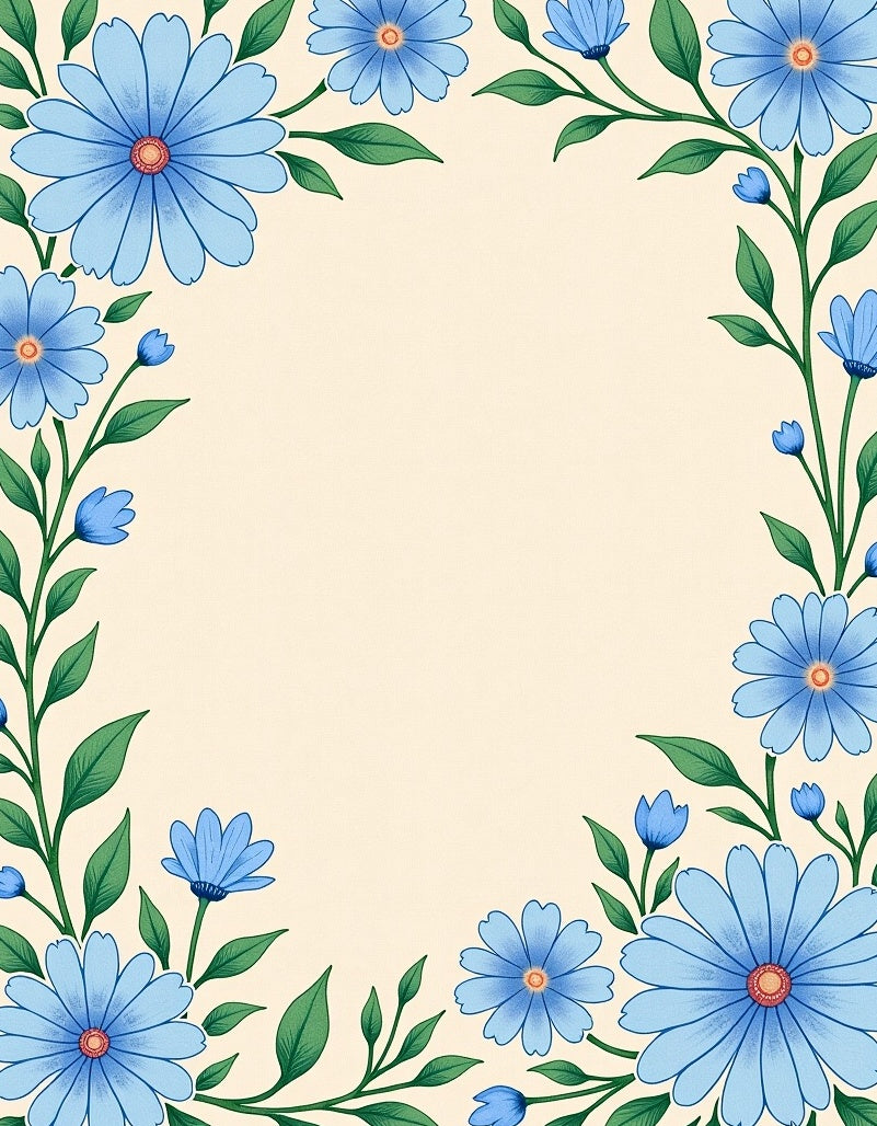 Large Blue Floral Vines Cream Rug
