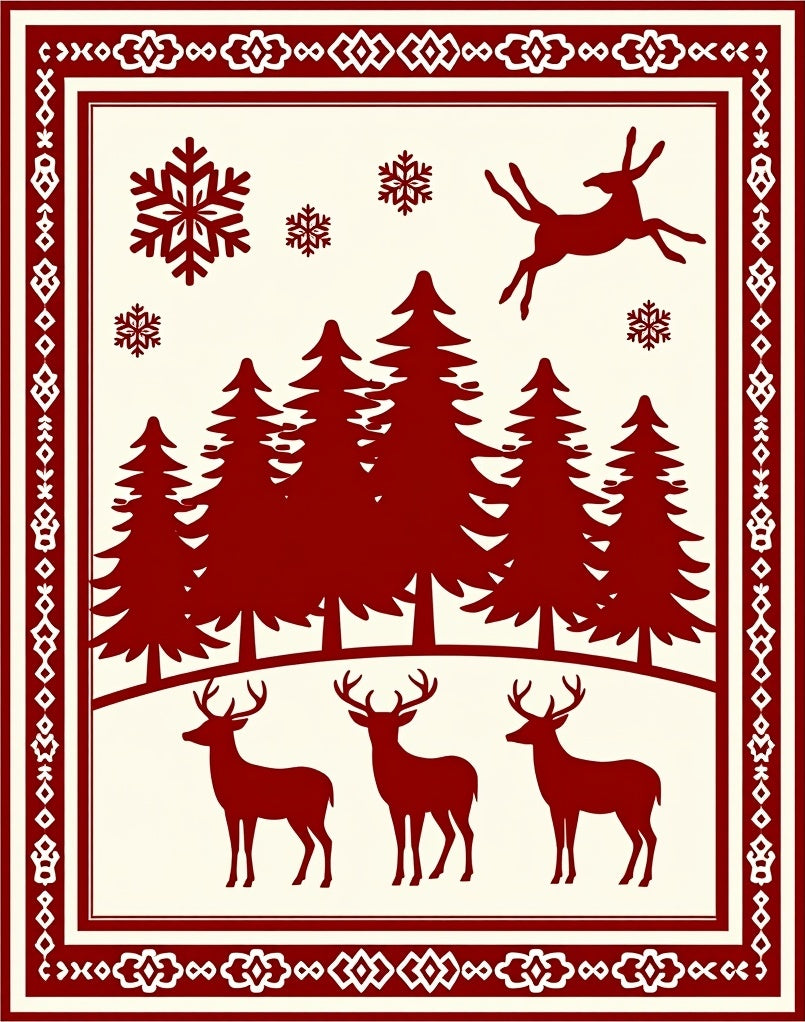 Crimson Winter Forest Deer Snowflakes Rug