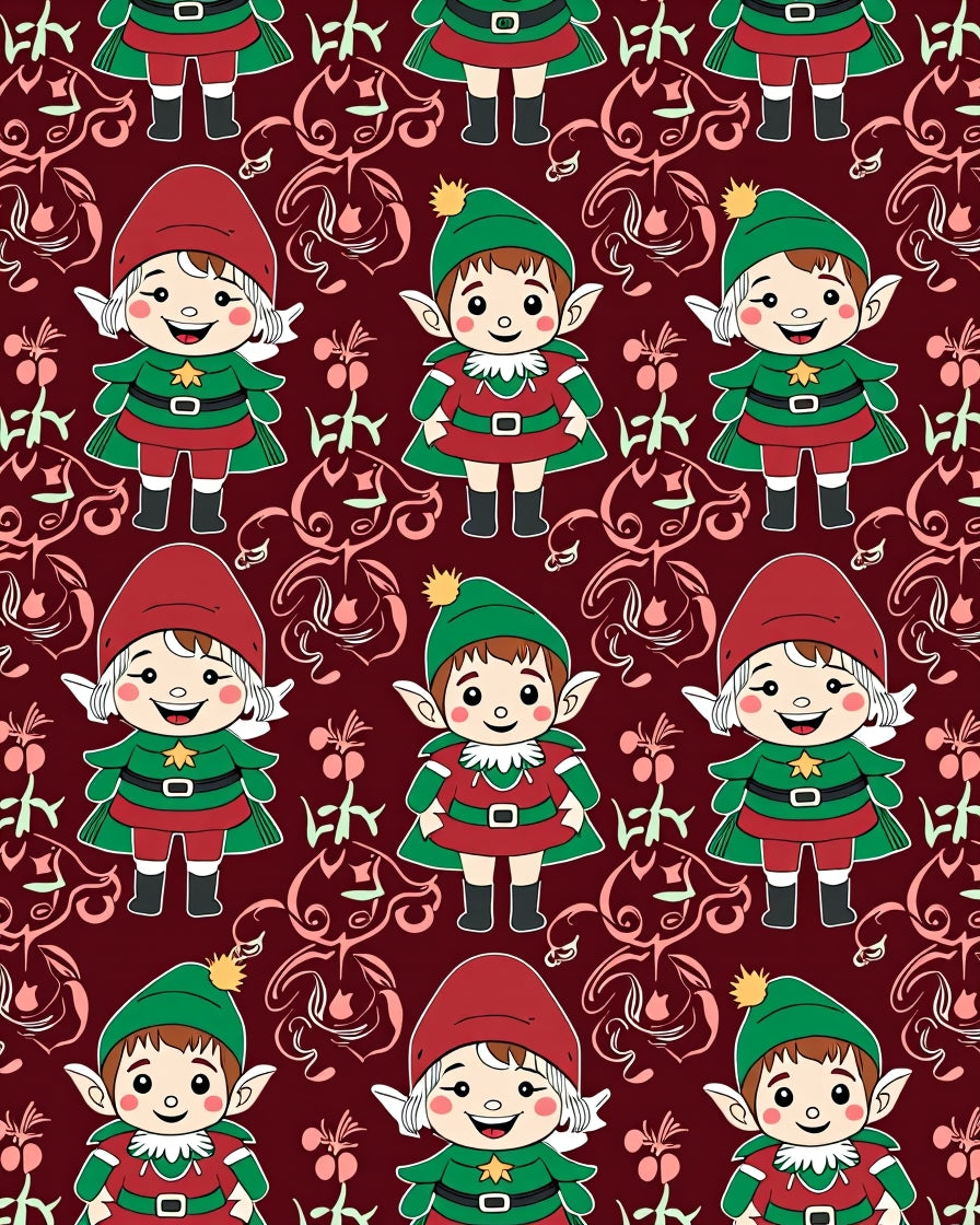 Festive Elf Characters Burgundy Background Rug
