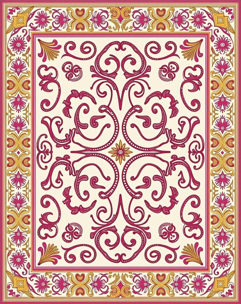 Fuchsia Gold Scrollwork Floral Archway Rug