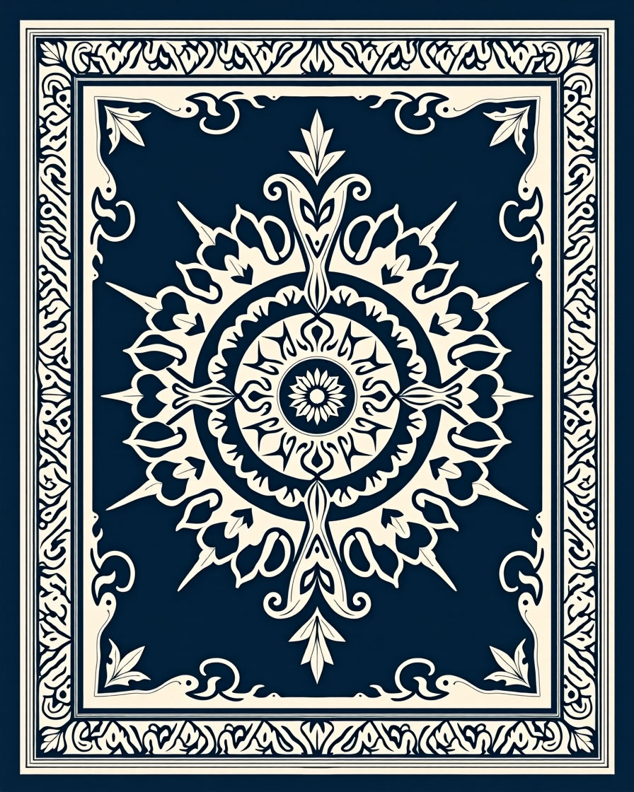 Vintage Indigo Floral Medallion Border Rug