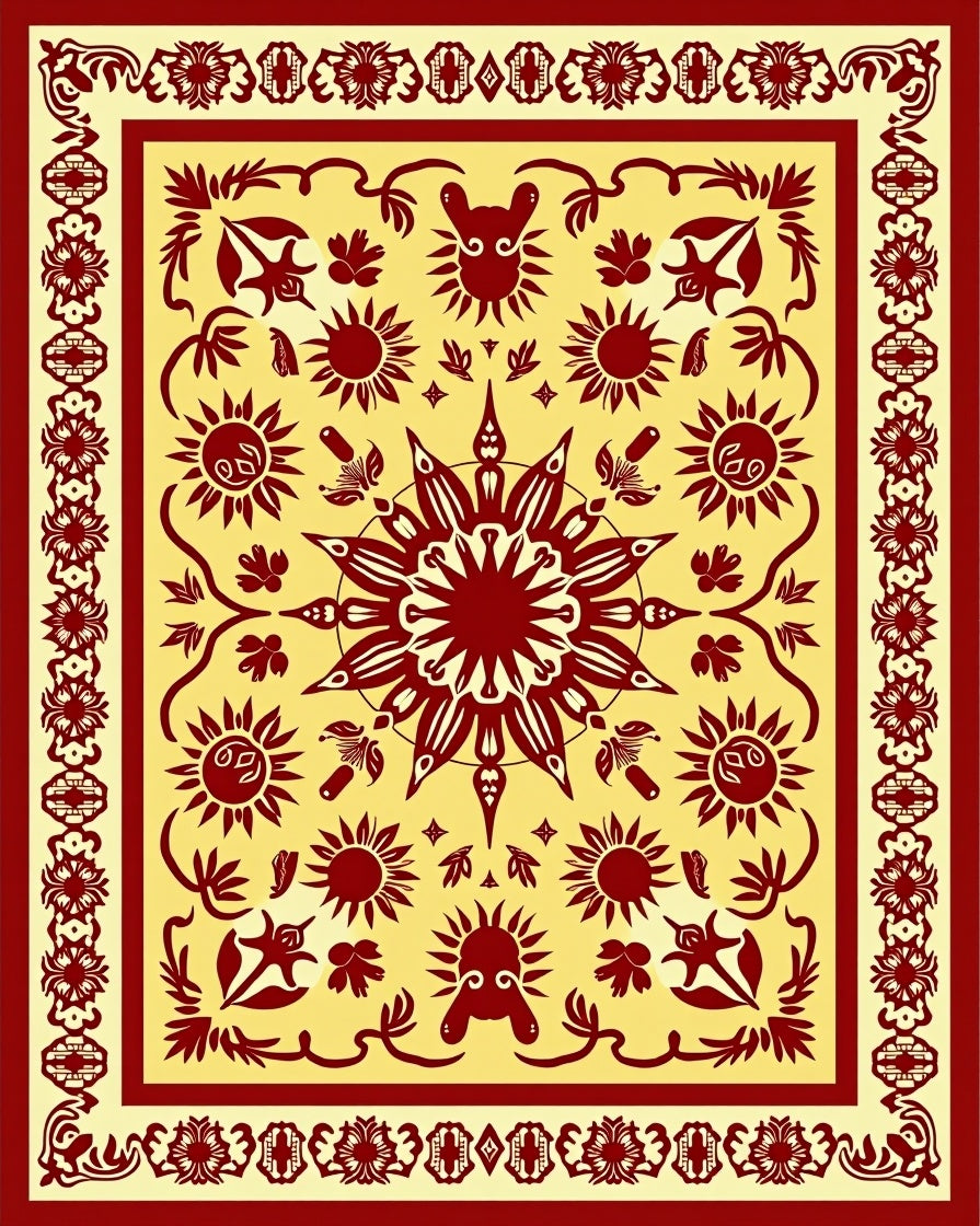 Crimson Sunburst Bordered Yellow Rug