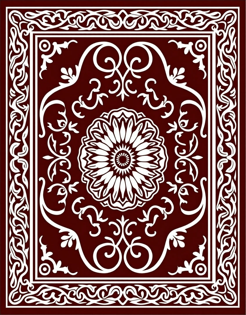 Rich Burgundy White Floral Scroll Rug