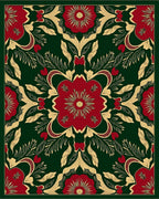 Victorian Red Floral On Forest Green Rug