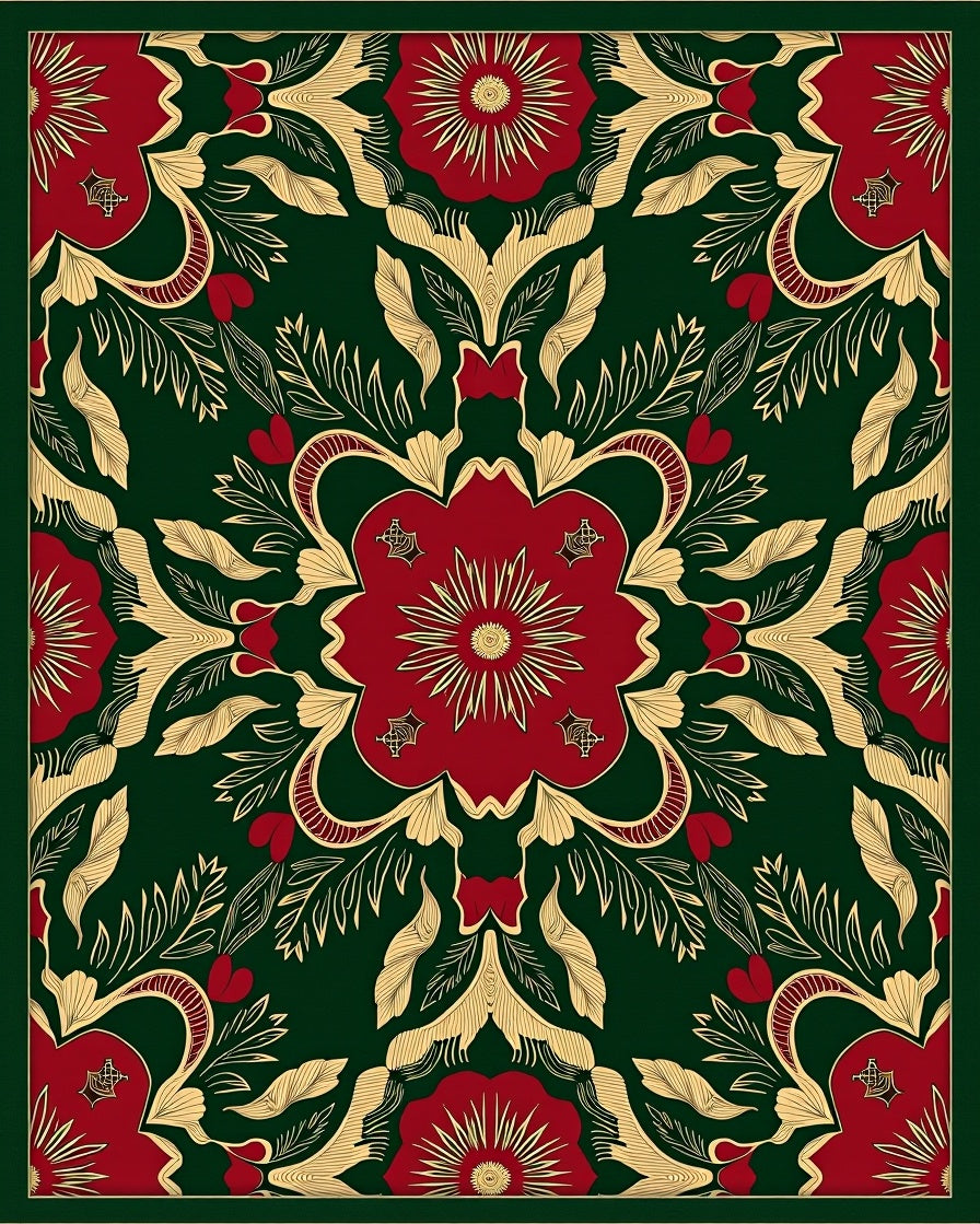 Victorian Red Floral On Forest Green Rug
