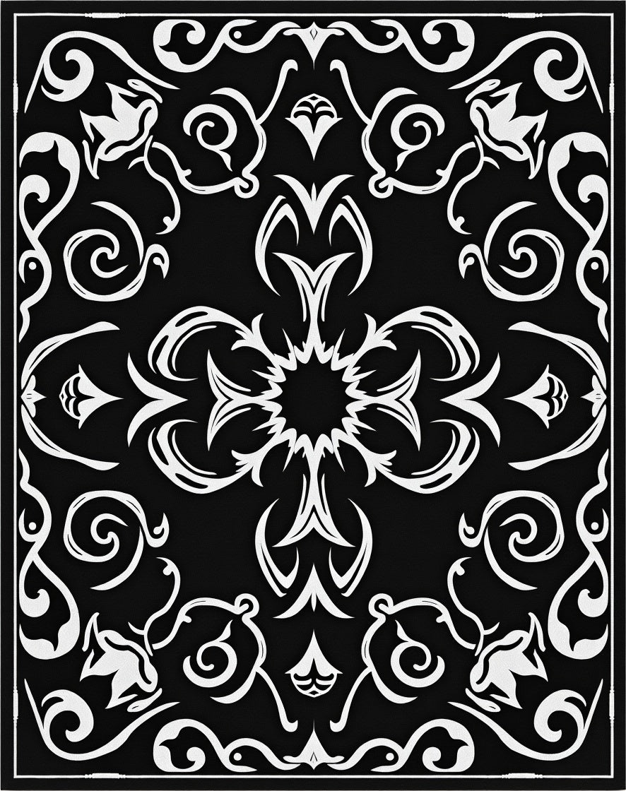 Black White Scrollwork Floral Medallion Rug