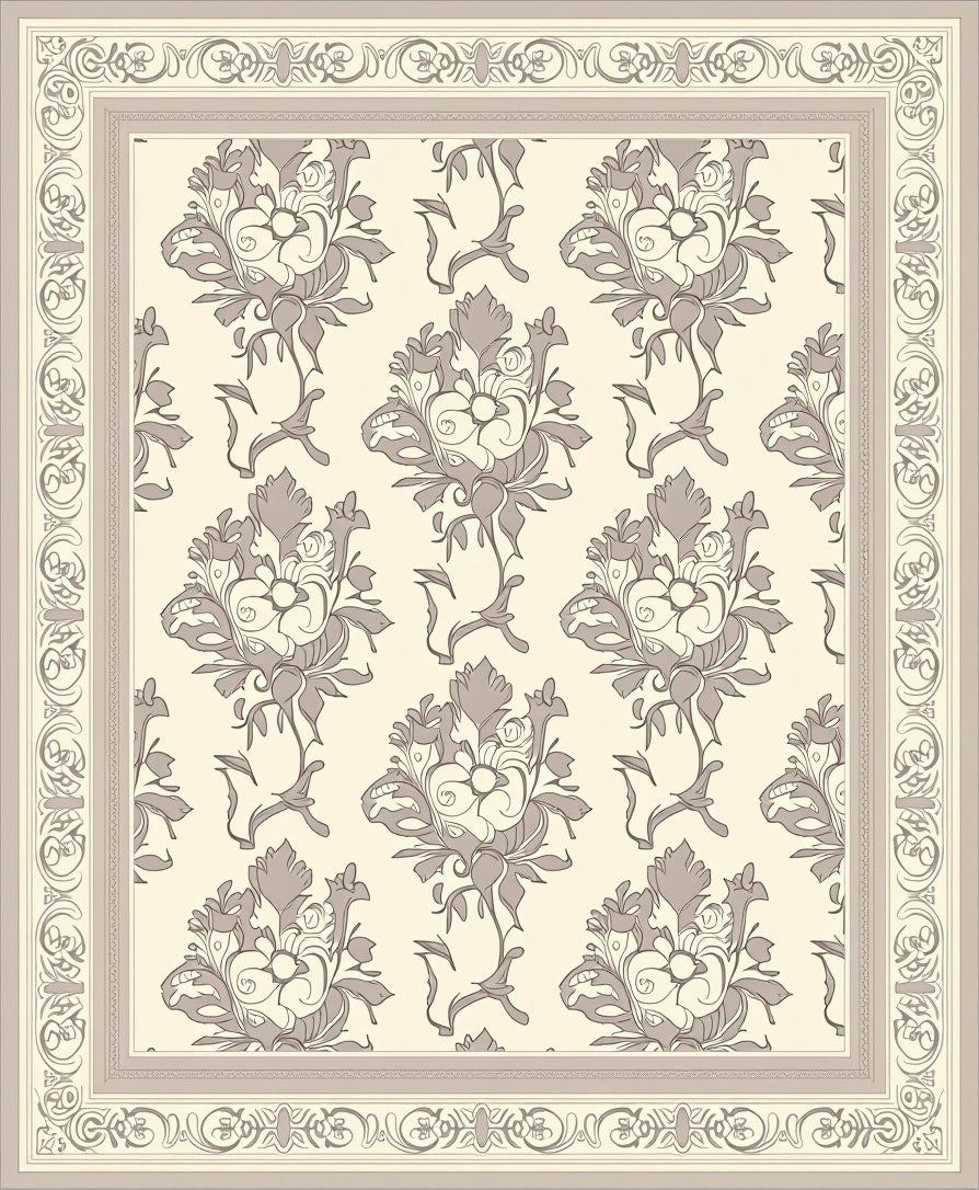 Neutral Beige Floral Scrollwork Border Rug