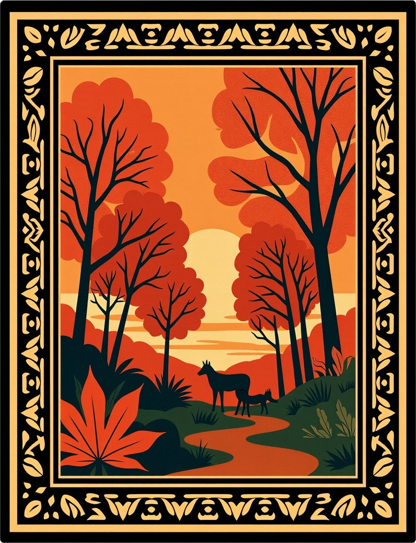 Autumn Forest Scene With Deer Border Rug
