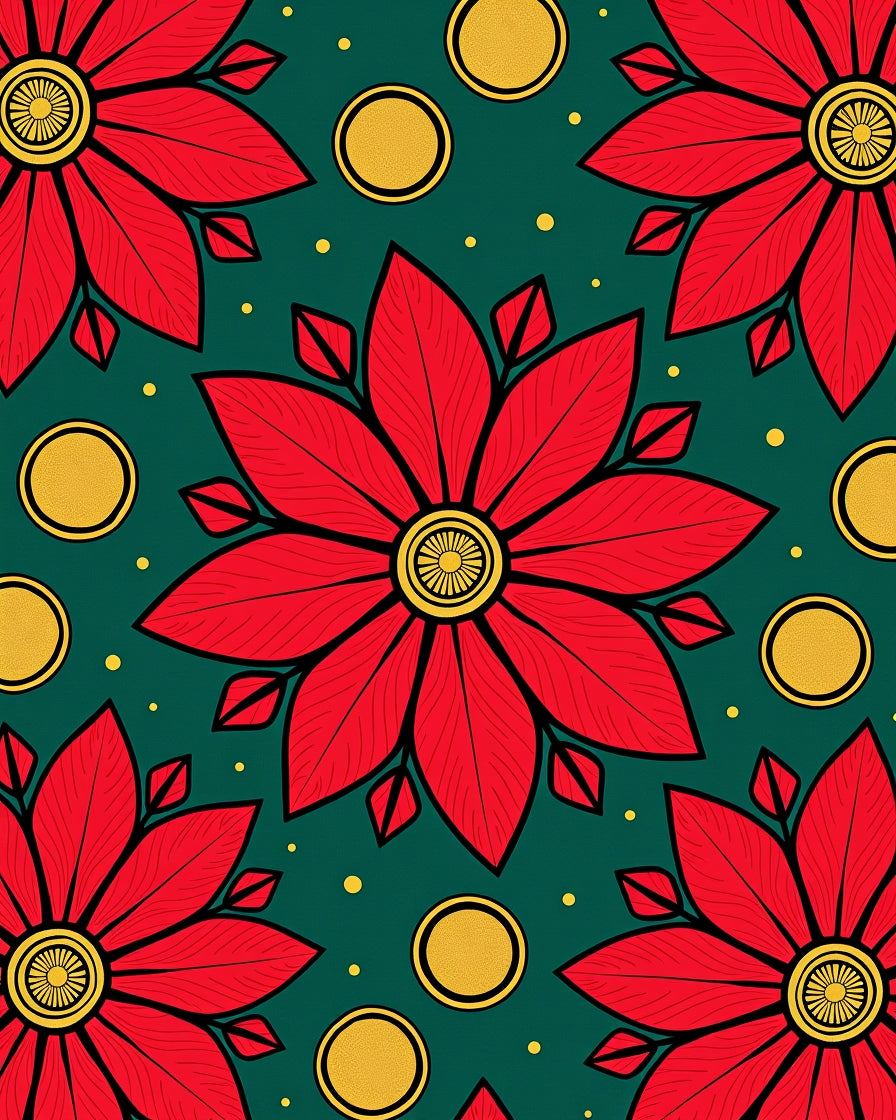 Vibrant Red Floral Circles Emerald Rug
