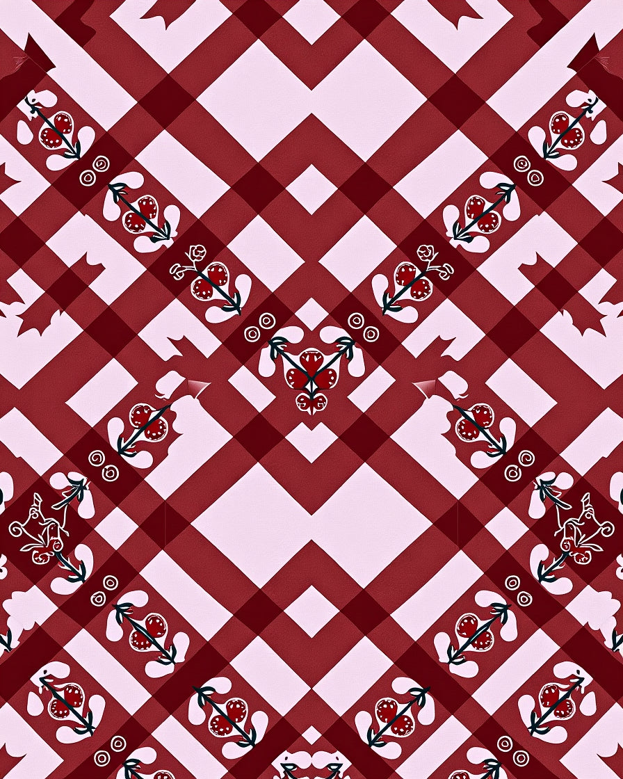 Crimson Red Gingham Floral Accents Rug