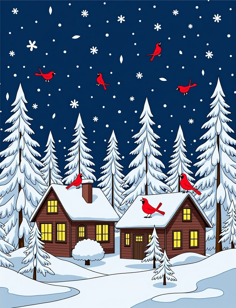 Red Cardinals Winter Snow Cabins Rug