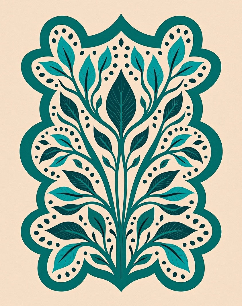 Teal Leafy Tree Fountain Outline Rug