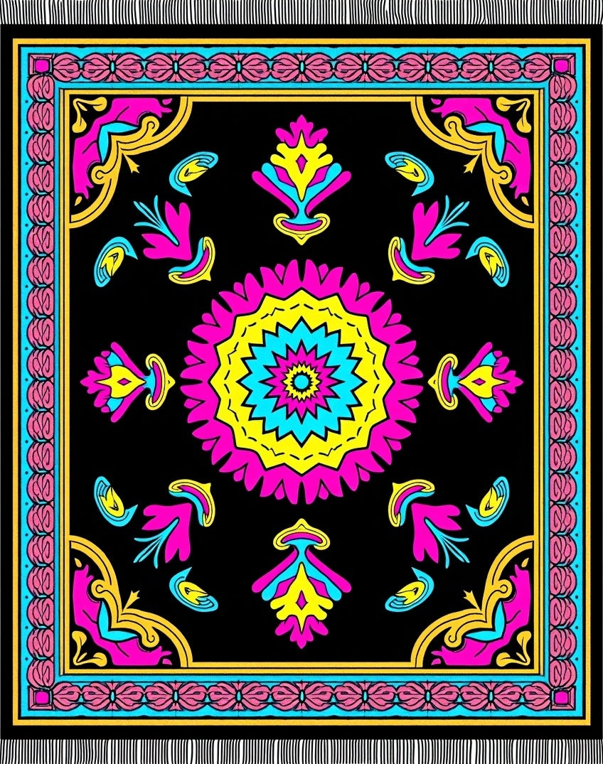 Vibrant Pink Yellow Blue Medallion Rug