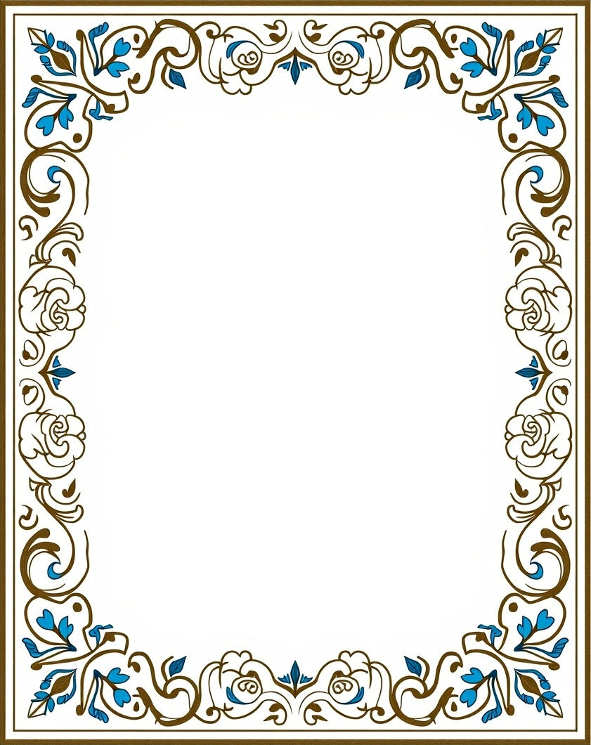Golden Brown Blue Floral Scroll Rug
