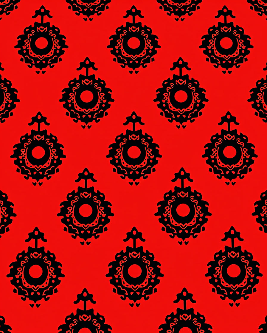 Bold Black Medallion on Red Rug