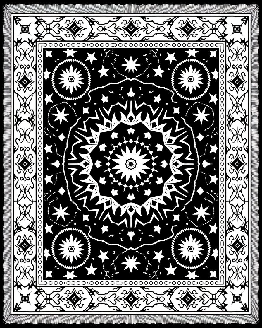 Bold Black Starburst Mandala Border Rug