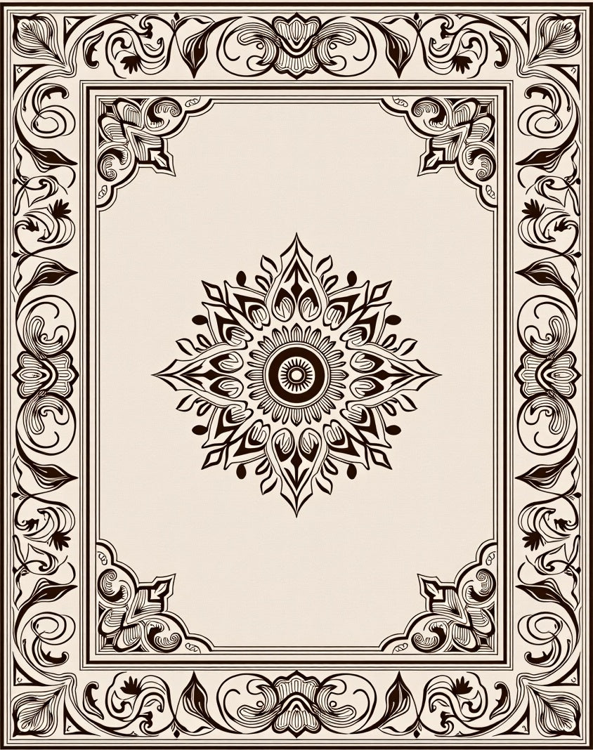 Ornate Cream and Brown Mandala Border Rug