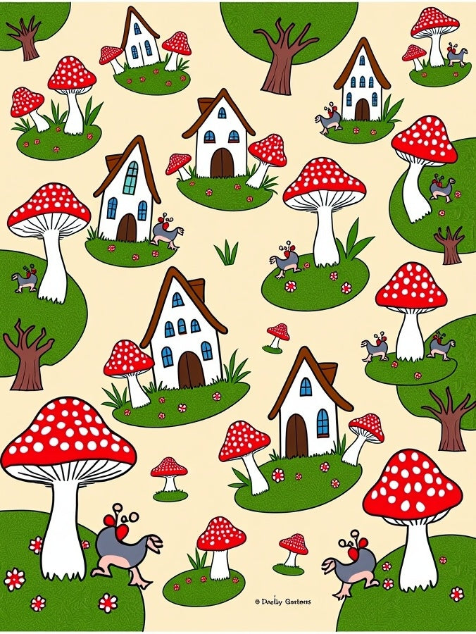 Whimsical Red Mushroom Houses and Creatures Rug