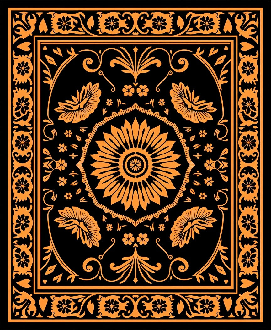 Ornate Orange Floral Mandala Black Rug