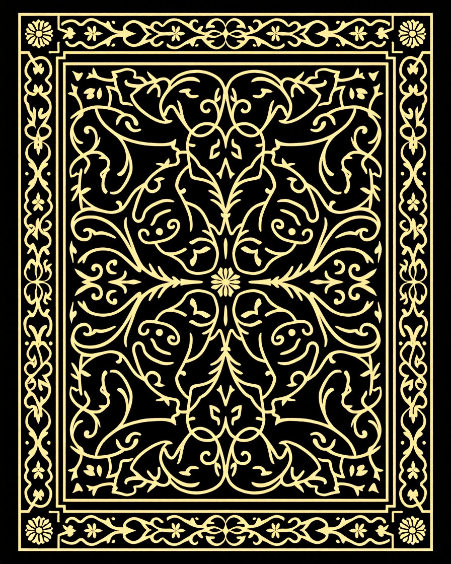 Gilded Black Floral Scrollwork Rug