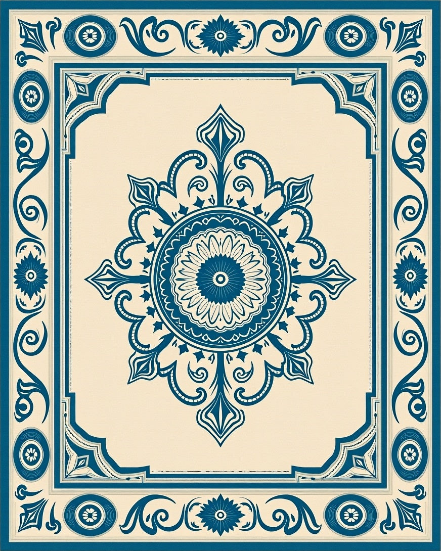 Classic Deep Blue Medallion Border Oval Rug