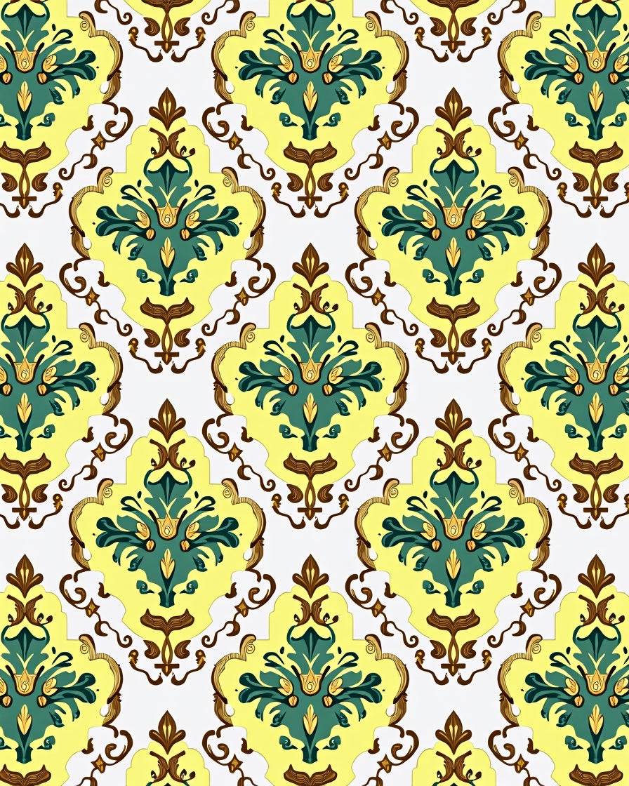 Golden Yellow Green Floral Scroll Rug