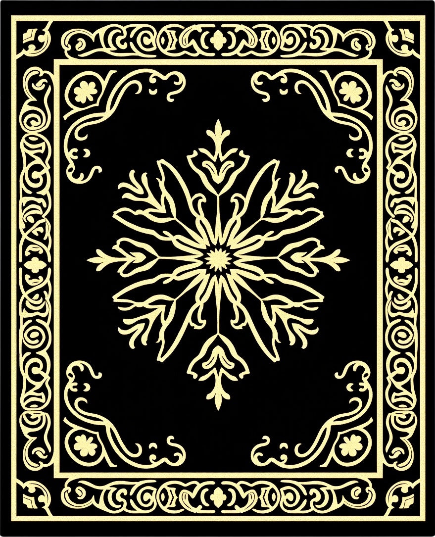 Golden Ivory Floral Medallion Black Rug