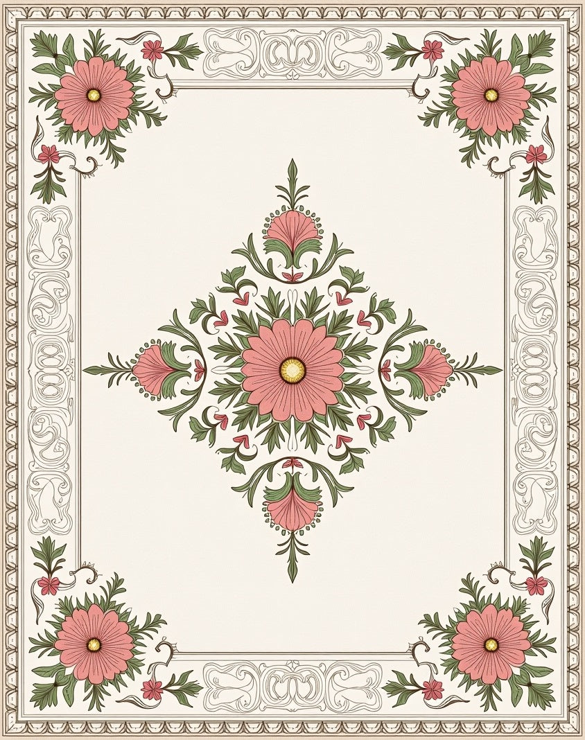 Pink Floral Border Scrolls Rug