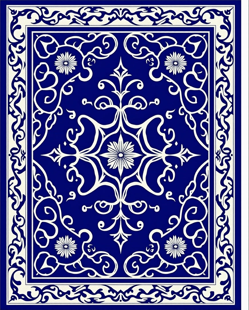 Royal Blue White Floral Arabesque Rug