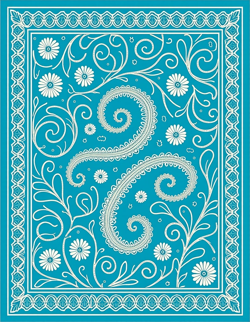 Turquoise White Paisley Floral Swirl Rug